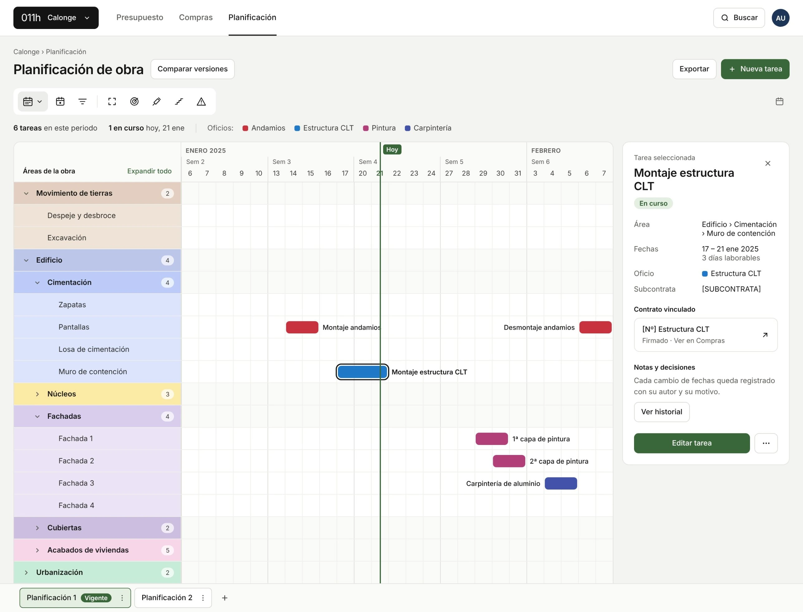 011h Builder: construction schedule for the Calonge project, with building areas on the left, tasks by week colour-coded by trade, a Today marker, and a side panel for the selected task showing its dates, trade, linked contract and change history