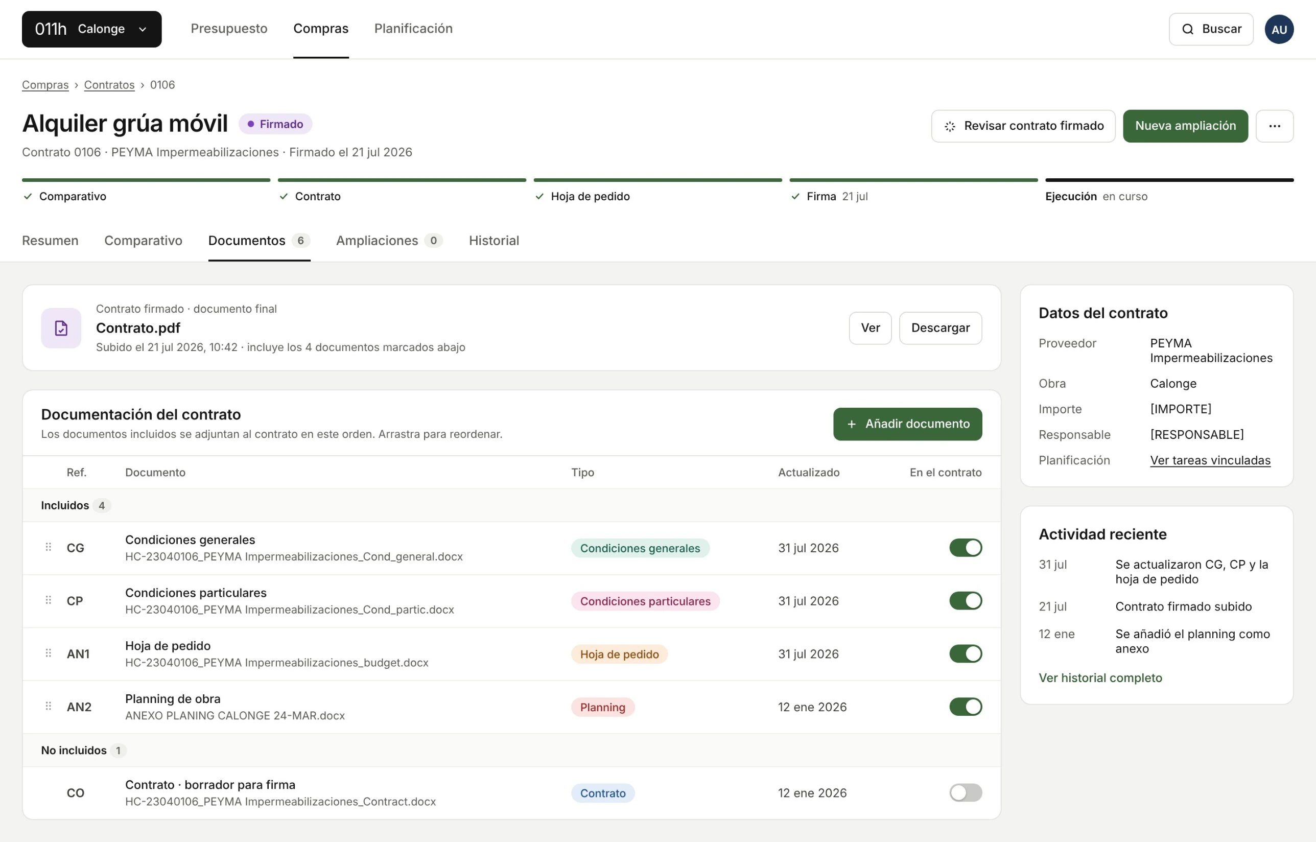 011h Procurement: a signed mobile crane rental contract with a progress bar from comparison to execution, a table of contract documents with references, types and toggles for inclusion, contract details and recent activity