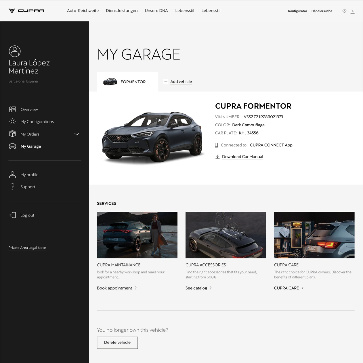 Original Owners Area: My Garage screen with a black side menu, CUPRA Formentor details and three service cards