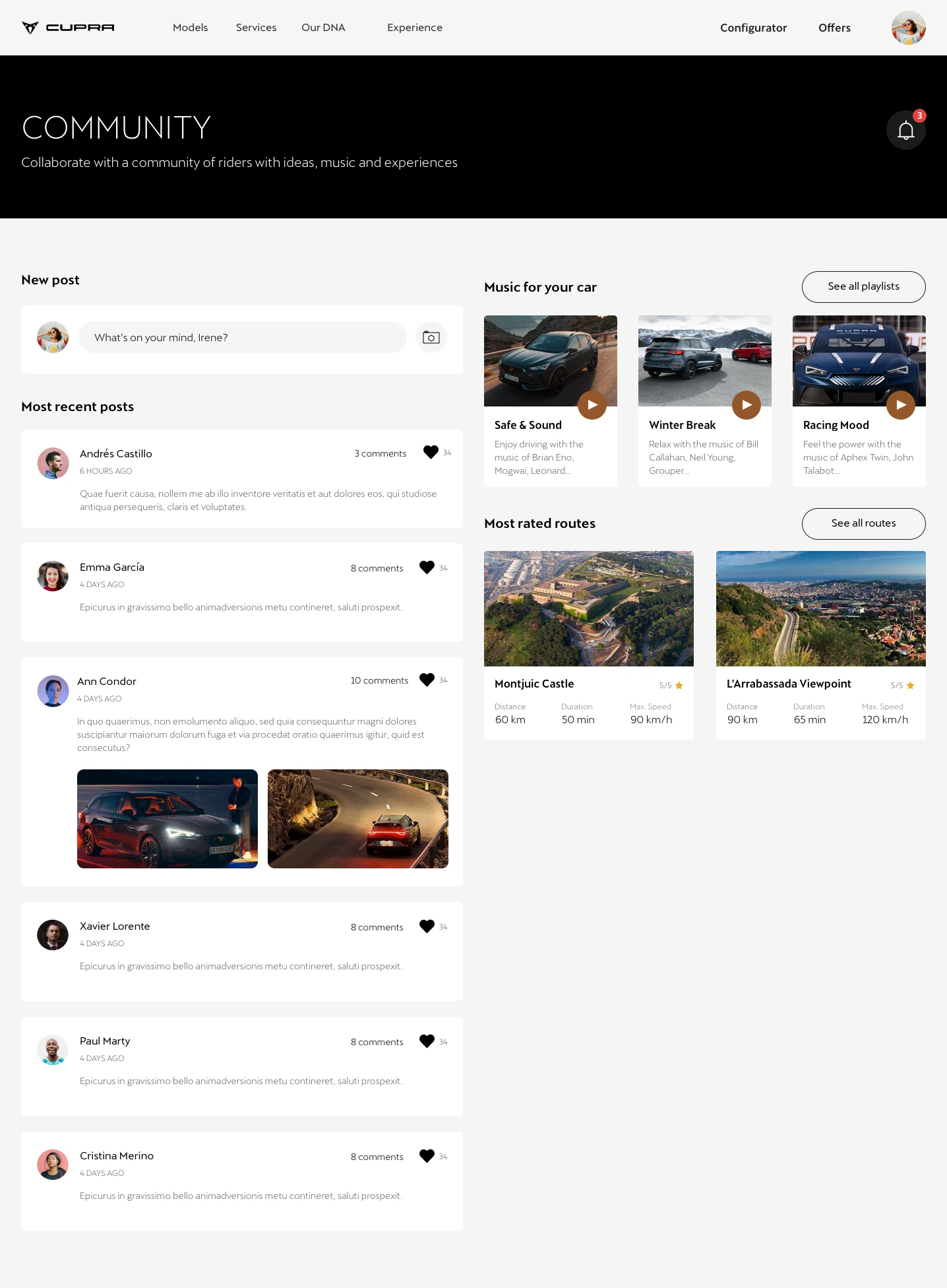 Community screen with posts, playlists and routes