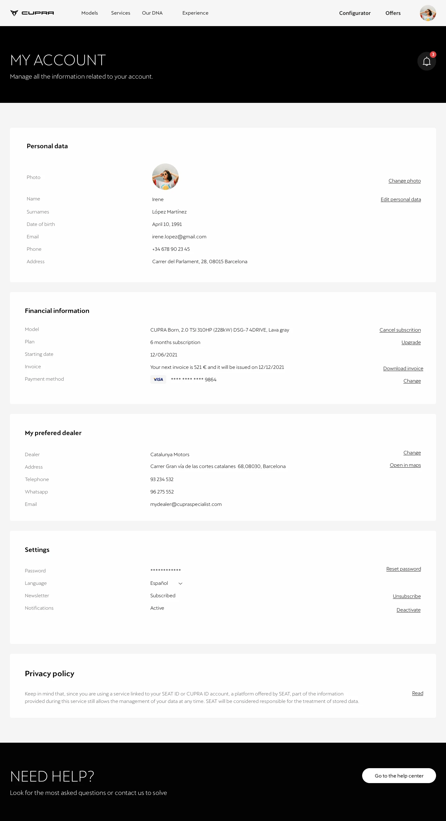 Full My account screen