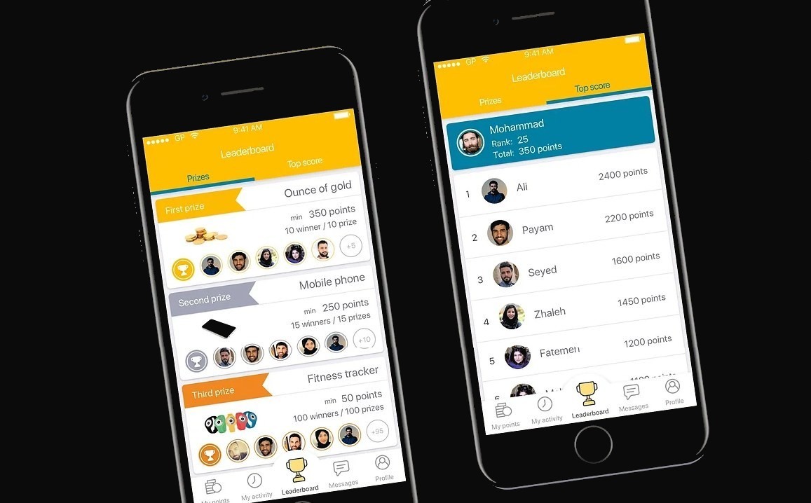 Prizes screen and leaderboard with users and their points