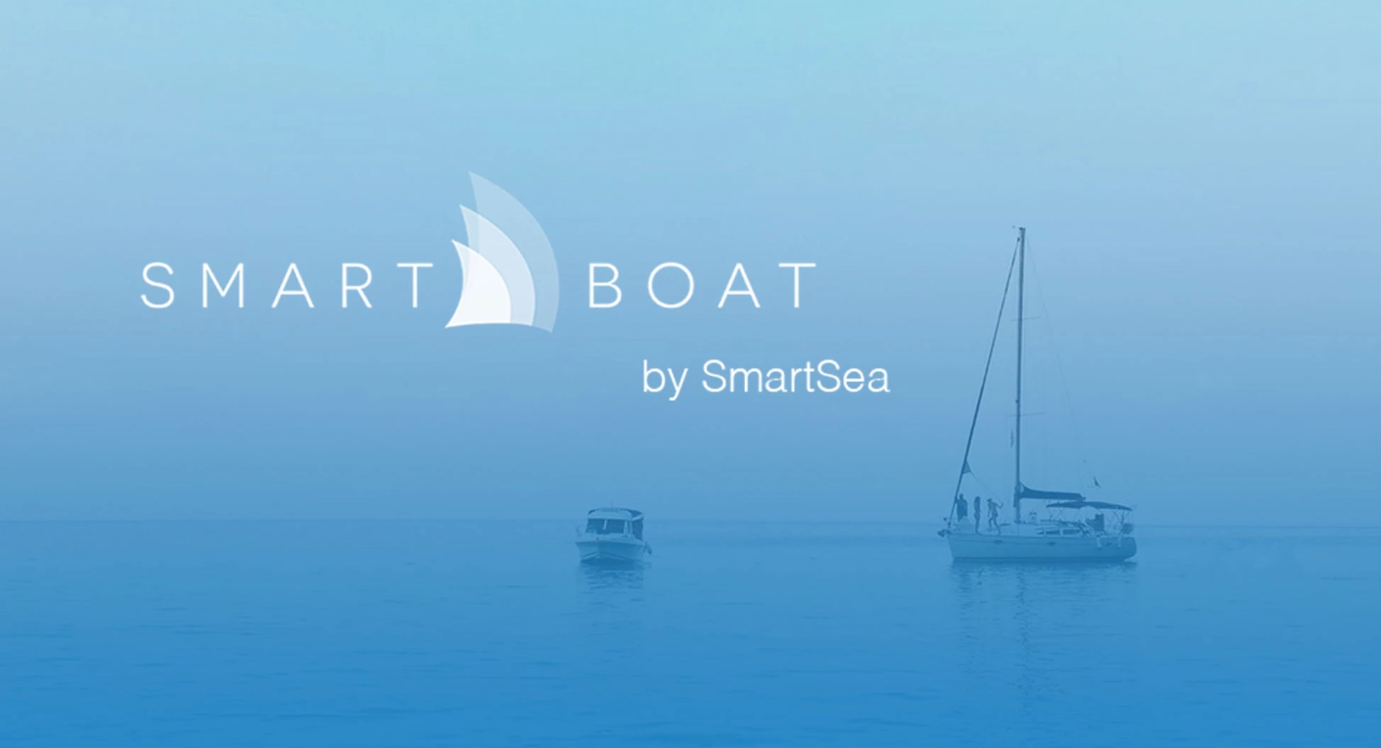 SmartBoat by SmartSea logo over a calm blue sea with a sailboat and a motorboat