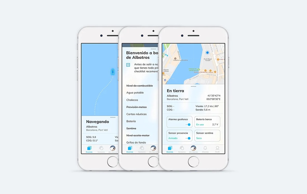 Three app screens: sailing, boarding checklist and on land