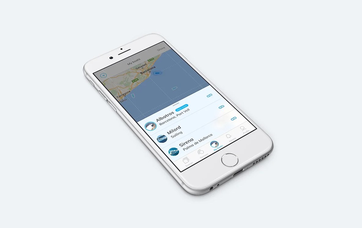 Phone showing a map with the owner's boats and their status