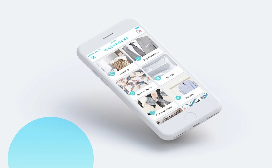 Phone showing the Washrocks service catalogue with photos for each type of cleaning