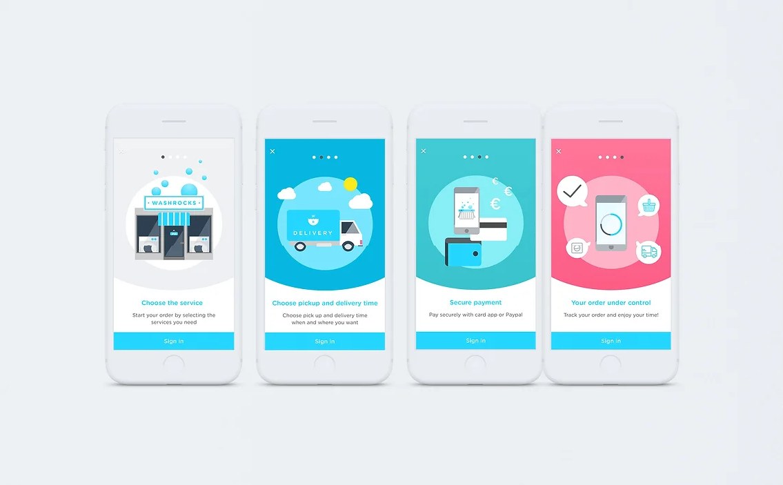 Four illustrated onboarding screens: choose the service, pickup and delivery, secure payment and order tracking